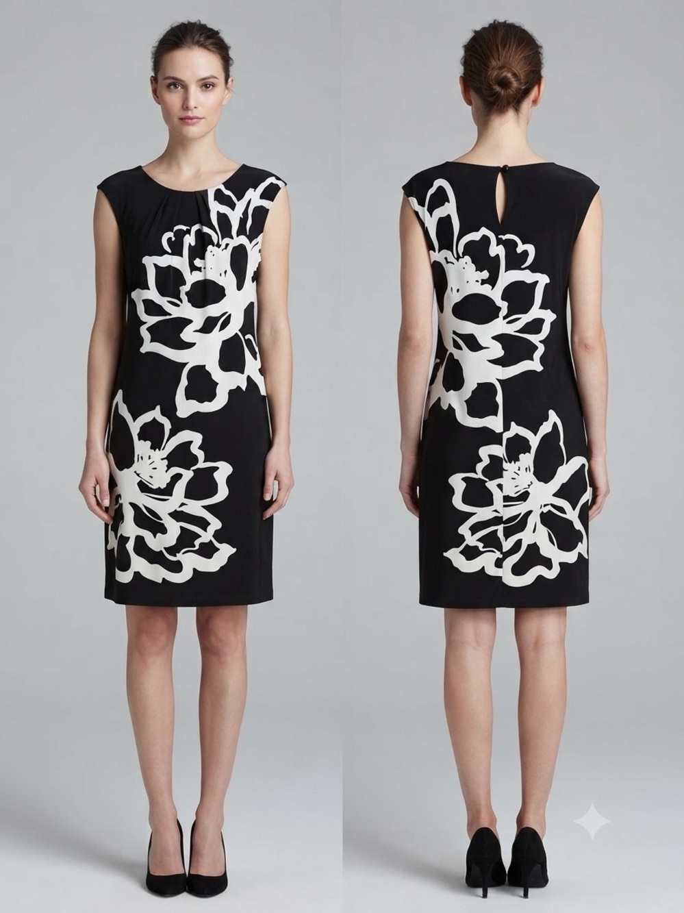 Black & White Floral Cap-Sleeve Shift Dress